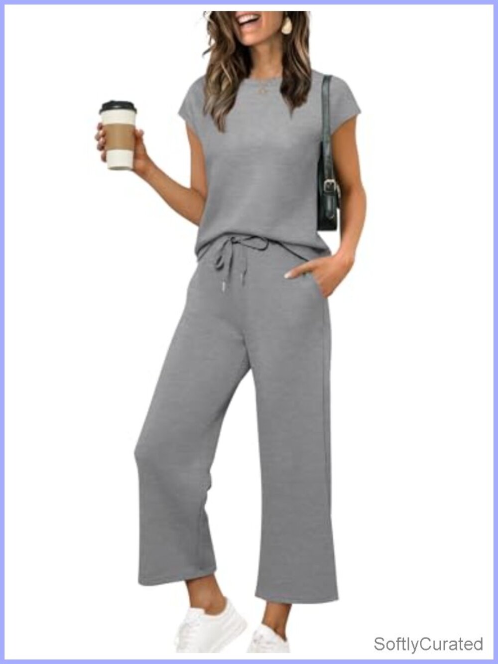 Two Piece Sets for Women Cap Sleeve Top Wide Leg Crop Pants Lounge Matching Set
